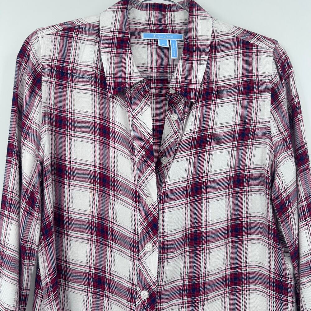 Draper James Plaid Button Front Blouse Red White Blue Size 10 Classic Preppy - Picture 4 of 12